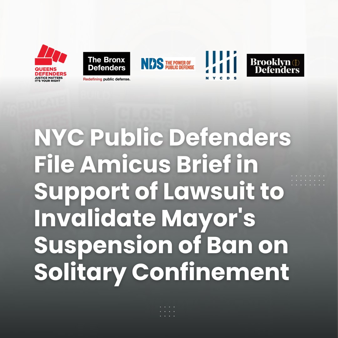 Queens Defenders (@queensdefenders) on Twitter photo <a href="/QueensDefenders/">Queens Defenders</a> joined NYC's PD offices in filing an amicus brief in support of the lawsuit to invalidate the Mayor's emergency executive orders that suspended parts of Local Law 42, which bans solitary confinement in city jails.
Read it here: loom.ly/qyzLhZA <a href="/QueensDefenders/">Queens Defenders</a> joined NYC's PD offices in filing an amicus brief in support of the lawsuit to invalidate the Mayor's emergency executive orders that suspended parts of Local Law 42, which bans solitary confinement in city jails.
Read it here: loom.ly/qyzLhZA