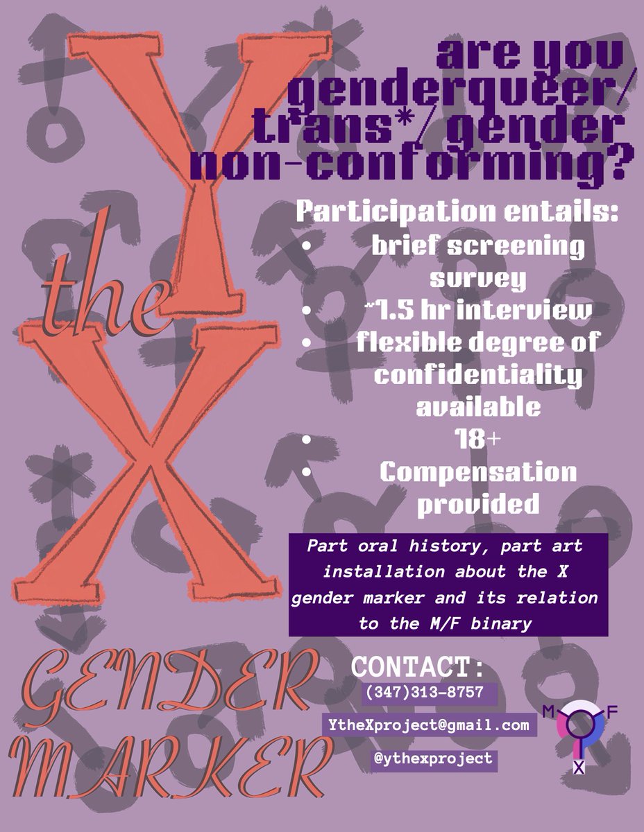 Are you genderqueer/trans*/gender non-conforming? Do you have thoughts about or experiences with legal gender markers? We’d love for you to participate in our part oral history, part art installation about (potential) users of the X gender marker!