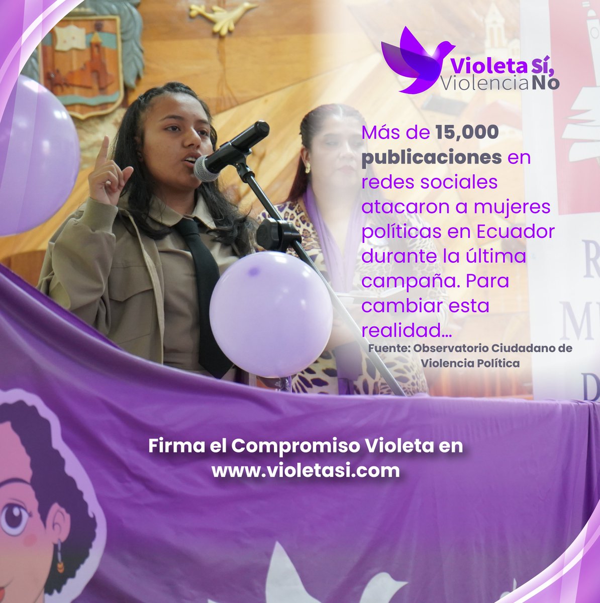 VioletaSiEC's tweet photo. ✨ ¡Hagamos historia juntas! ✨
Las mujeres políticas en Ecuador enfrentan miles de ataques en redes sociales. Es momento de alzar la voz y transformar esta realidad. 
👩‍⚖️ Súmate firmando el Compromiso Violeta.
🌐 Descubre más en https://t.co/qU9rT4INML.
#VioletaSíViolenciaNo https://t.co/ZutznlceiR