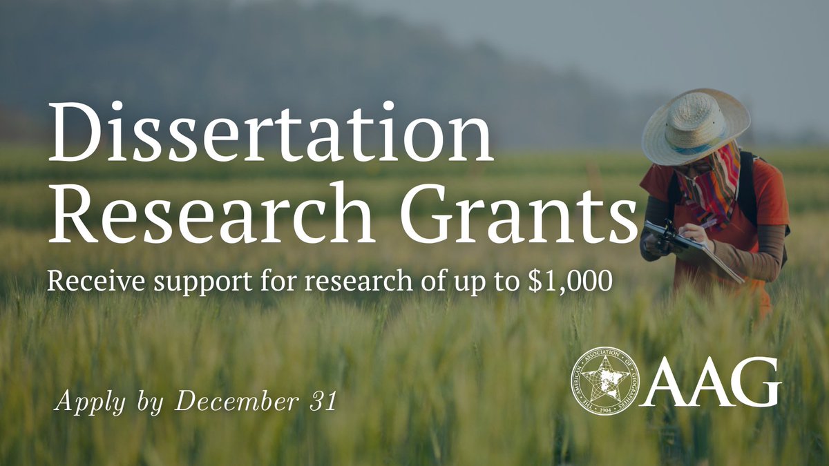 Calling PhD candidates! Are you seeking research funds? Be sure to apply to AAG’s Dissertation Research Grants for doctoral dissertation research support of up to $1,000 for any geographic specialty. 

Apply by Dec 31, 2024. Learn more about eligibility: bit.ly/3GuwA7R