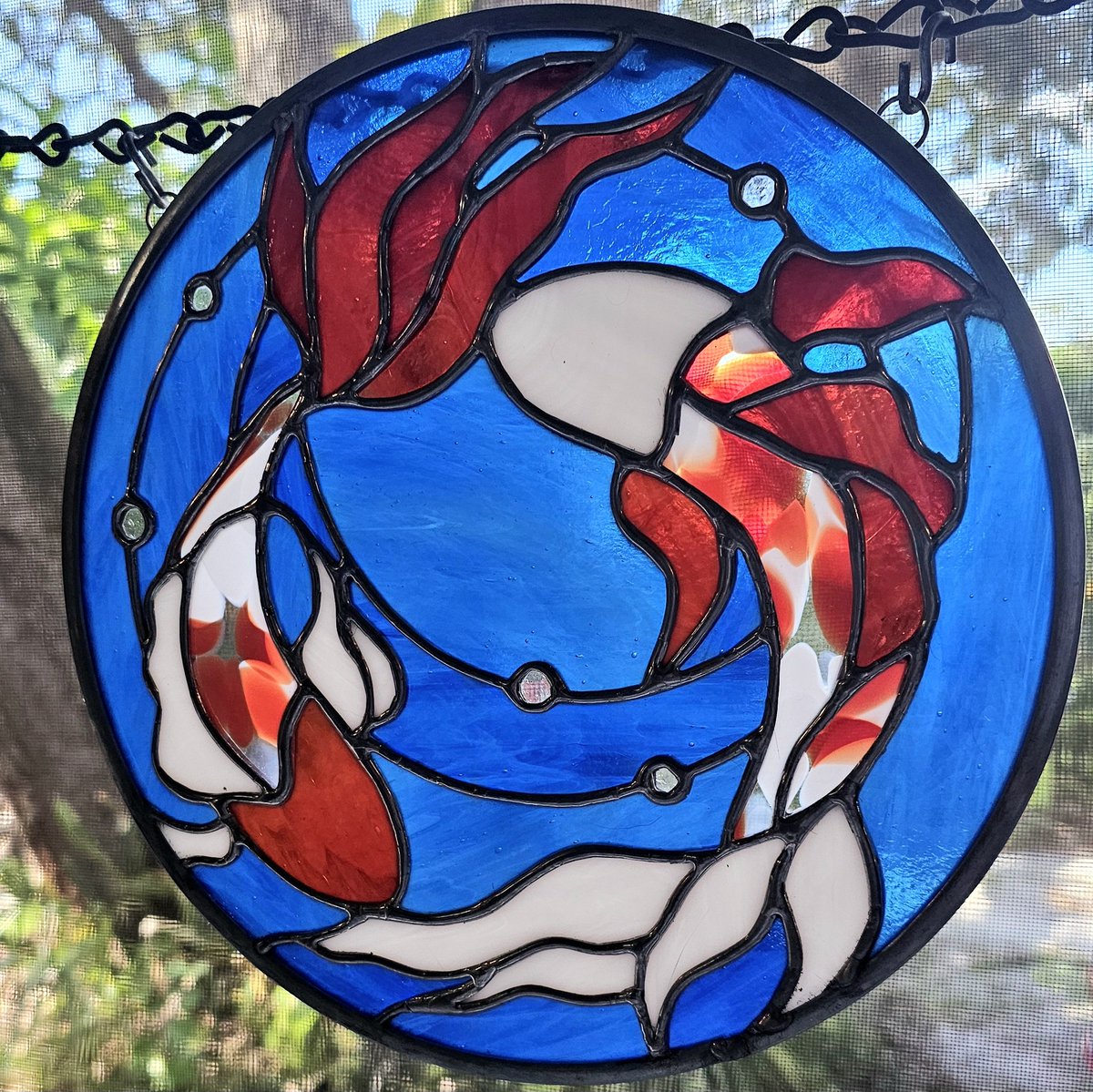 PrismtreeStudio's tweet photo. Our holiday sale continues! Get yourself or a deserving friend some beautiful #Stainedglass #art this year like this #koi fish panel! You can find it in our sale section at 25% off we have just one ready made and able to ship within a couple days! https://t.co/gFvPoV45ow