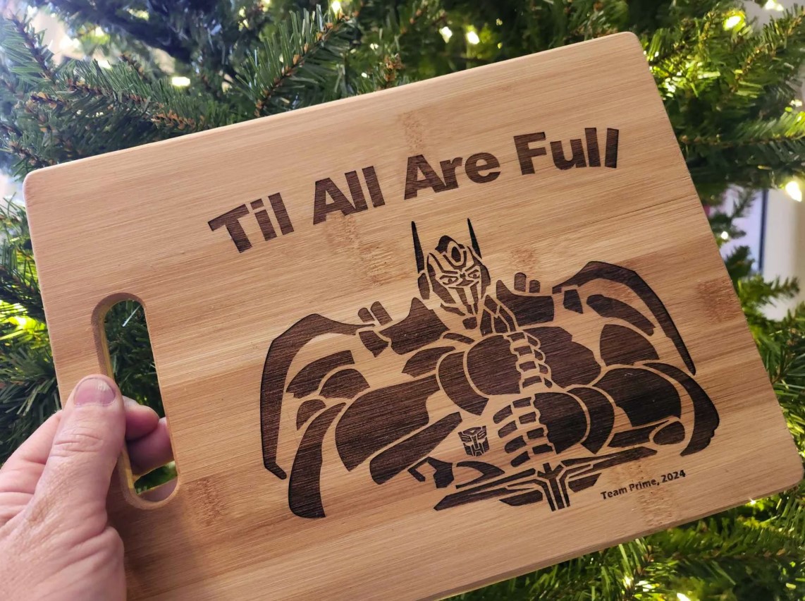 Optimus_Is_Here's tweet photo. I have 5 boards left! 😱 Once these are sold, they will not be offered again 👍  Ready to ship with your choice of 4 phrases.

Purchase from the following page, and use code LASER10 for a generous discount during this final week! 😊🙏👉 https://t.co/Lu0USc0ZyE

#optimusishere https://t.co/n9kXl0Rxzi