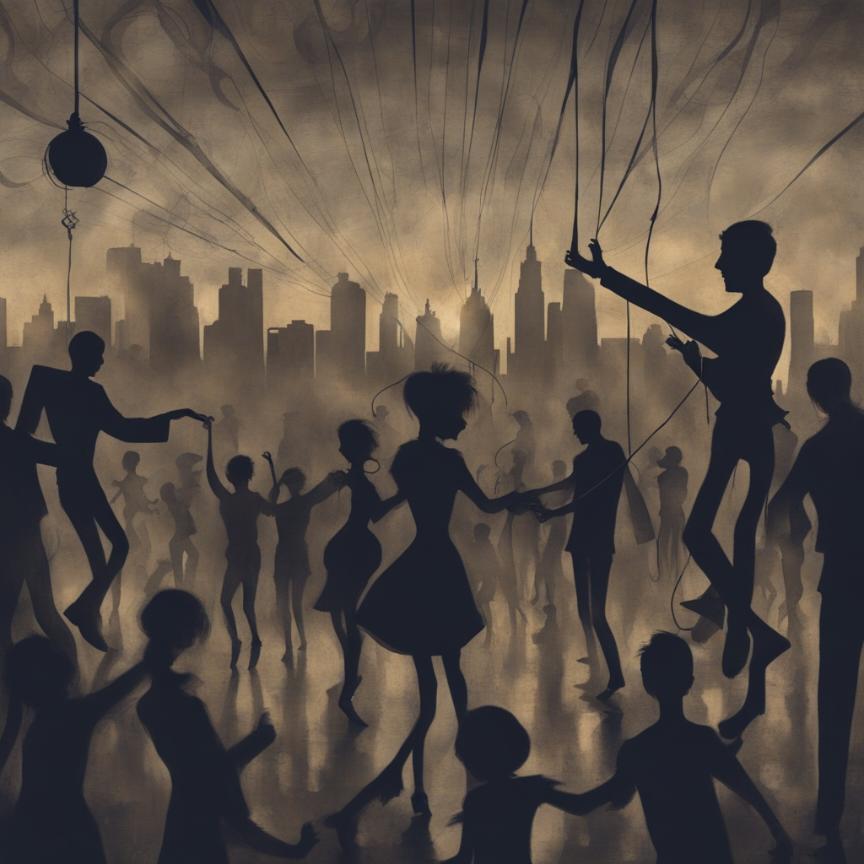 munozvic's tweet photo. #influence, #shadowy figure behind #puppet strings, #people #dancing below, #dark atmosphere, city #skyline background, #abstract #swirls, #mutedcolors https://t.co/Q5x90TgDqp