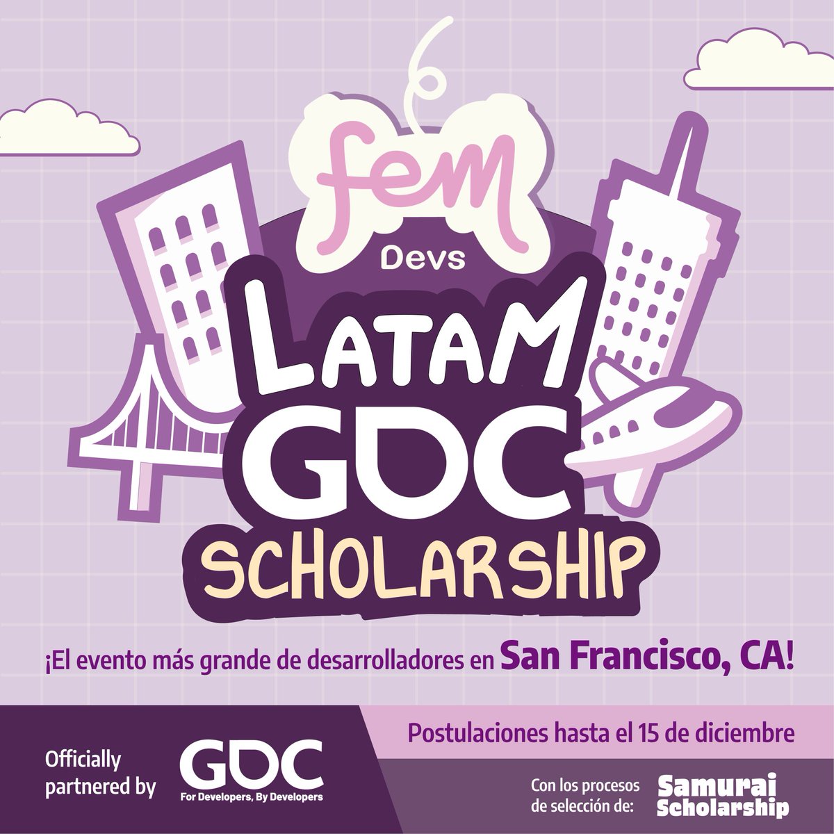 FemDevsPeru (@femdevsperu) on Twitter photo ¿Quieres ir al <a href="/Official_GDC/">Game Developers Conference</a> y seguir impulsando tu carrera en videojuegos? 🎮✈️
Postula a FemDevs Latam: GDC Scholarship💜
Daremos entrada gratis al GDC (All Access o Core) para mujeres de Perú y Latinoamérica!
🇵🇪🇨🇷🇨🇺🇸🇻🇬🇹🇭🇳🇲🇽🇳🇮🇵🇦🇦🇷🇧🇴🇧🇷🇨🇱🇨🇴🇪🇨🇵🇾🇺🇾🇻🇪🇩🇴
bit.ly/FemDevsLatam-G… ¿Quieres ir al <a href="/Official_GDC/">Game Developers Conference</a> y seguir impulsando tu carrera en videojuegos? 🎮✈️
Postula a FemDevs Latam: GDC Scholarship💜
Daremos entrada gratis al GDC (All Access o Core) para mujeres de Perú y Latinoamérica!
🇵🇪🇨🇷🇨🇺🇸🇻🇬🇹🇭🇳🇲🇽🇳🇮🇵🇦🇦🇷🇧🇴🇧🇷🇨🇱🇨🇴🇪🇨🇵🇾🇺🇾🇻🇪🇩🇴
bit.ly/FemDevsLatam-G…