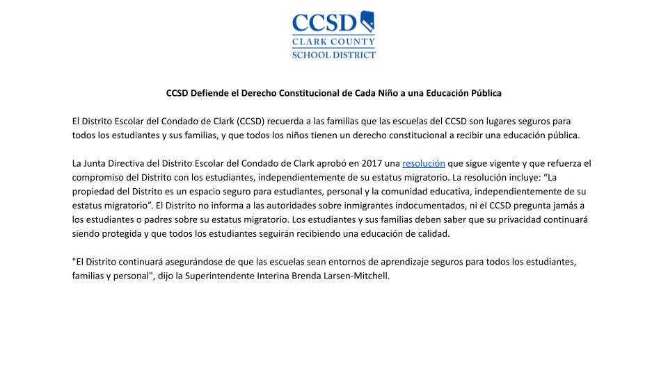 ClarkCountySch's tweet photo. The Clark County School District (CCSD) reminds families that CCSD schools are safe places for all students and their families, and all children have a constitutional right to a public education. 
Read more here: https://t.co/dUBX7sYzqV https://t.co/xkrtTssRdV