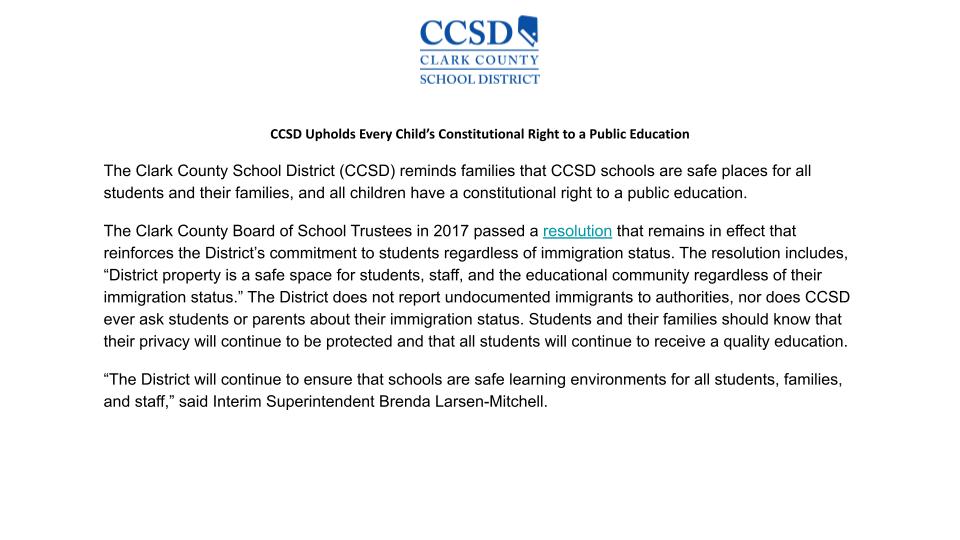 ClarkCountySch's tweet photo. The Clark County School District (CCSD) reminds families that CCSD schools are safe places for all students and their families, and all children have a constitutional right to a public education. 
Read more here: https://t.co/dUBX7sYzqV https://t.co/xkrtTssRdV