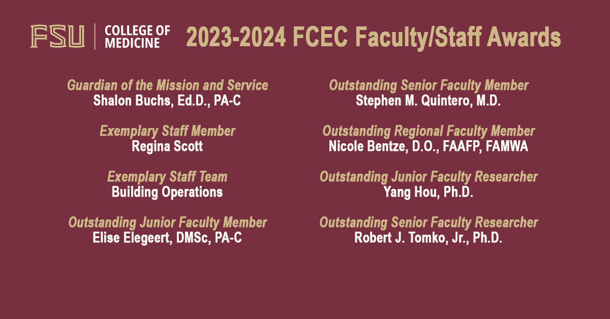 FSUCoM's tweet photo. Monday's All Faculty Meeting was highlighted by the presentation of 2023-24 Faculty/Staff Awards presented by the Faculty Council Executive Committee (FCEC) and the Longevity Awards. https://t.co/DevGQfvdYk