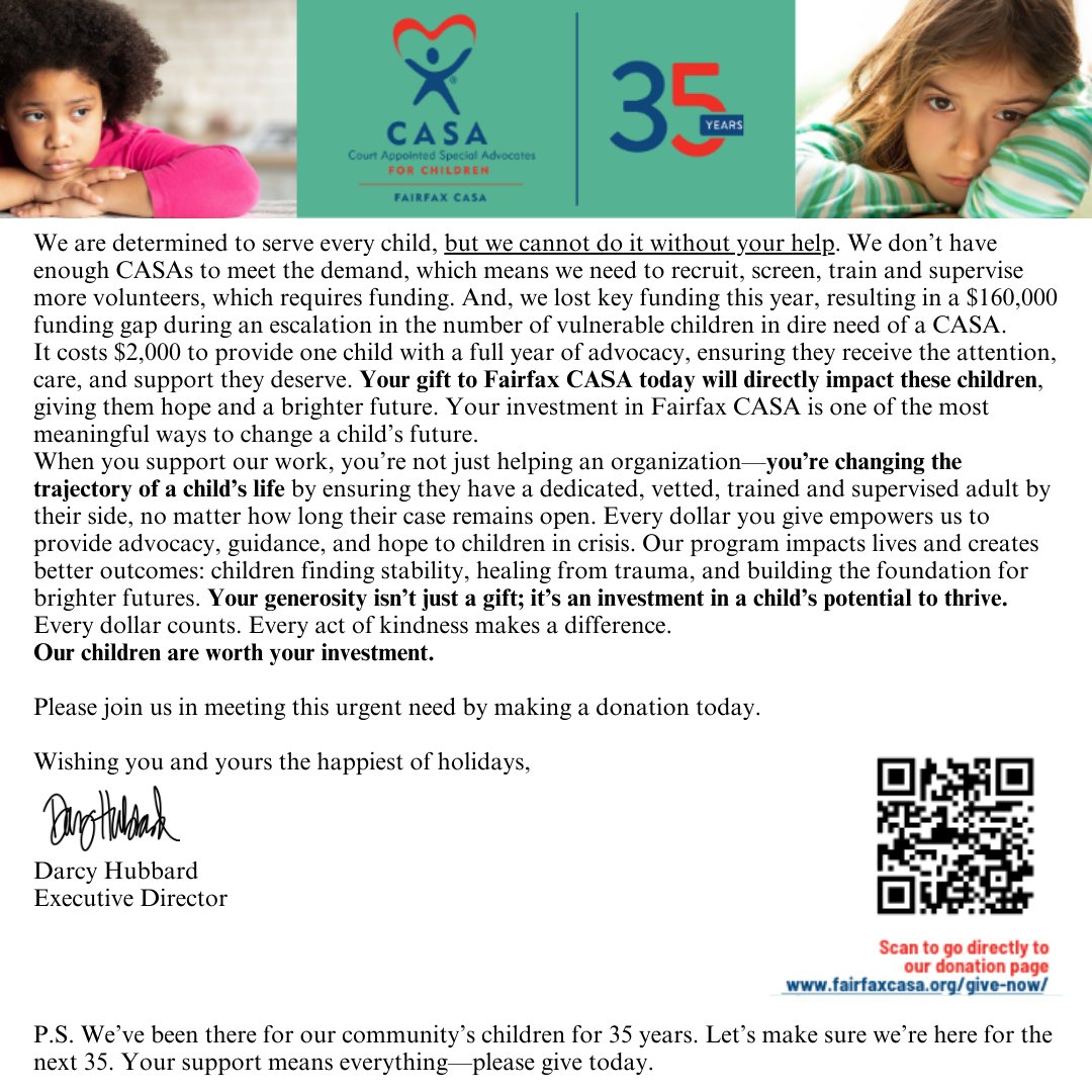 Please take the time to read this letter from our Executive Director. Fairfax CASA is consistently seeing a rise in abused and neglected children in Fairfax County. Please consider donating, volunteering, and spreading the word to help the children in our community flourish.