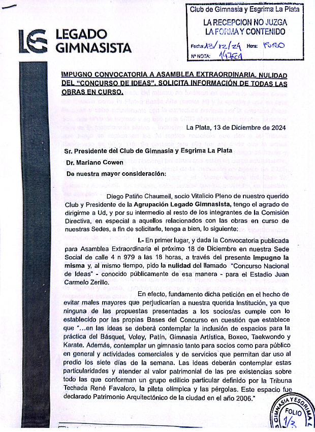 GimnasiaLegado's tweet photo. Presentamos una nota a la CD y pedimos la impugnación de la Asamblea Extraordinaria y la nulidad del #CircoDeIdeas ya que no se tuvieron en cuenta las obras preexistentes en nuestro querido Estadio y generan un sin fín de cuestionamientos legales https://t.co/jahWCwTmOD