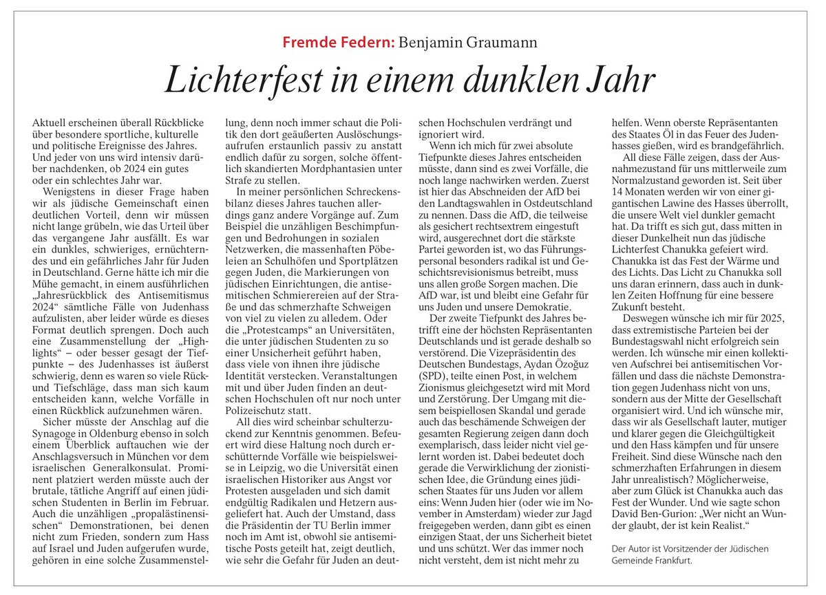 michaelroth.bluesky.social 🇪🇺🇺🇦🇮🇱🇬🇪 (@miro_spd) on Twitter photo 2024 ist ein Annus horribilis für Jüdinnen und Juden in Deutschland!
Dieses Stück in der <a href="/faznet/">Frankfurter Allgemeine</a> von Benjamin Graumann, Vorsitzender der jüdischen Gemeinde Frankfurt/Main, muss uns allen in den Ohren klingeln und die Schamröte ins Gesicht treiben. 2024 ist ein Annus horribilis für Jüdinnen und Juden in Deutschland!
Dieses Stück in der <a href="/faznet/">Frankfurter Allgemeine</a> von Benjamin Graumann, Vorsitzender der jüdischen Gemeinde Frankfurt/Main, muss uns allen in den Ohren klingeln und die Schamröte ins Gesicht treiben.