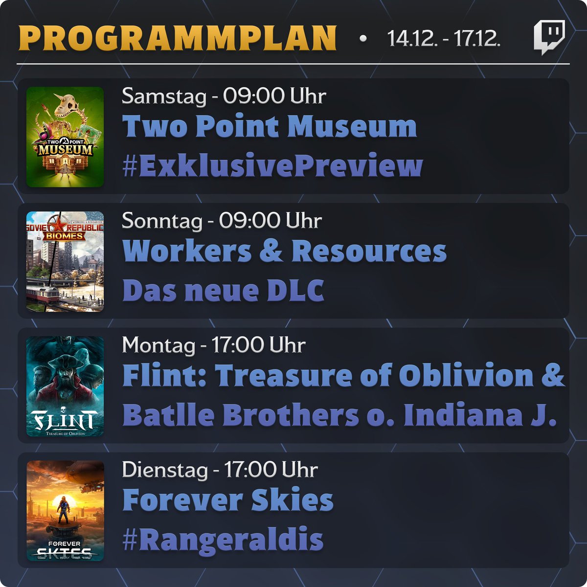 Von wegen Strategie ist tot zum Ende des Jahres!

Mein Streamplan für die kommenden Tage beweist euch das Gegenteil!

Ha! Nimm das, blöder Vergangenheits-Ranger!
RangerArea, der 1. seines Namens: twitch.tv/rangerarea