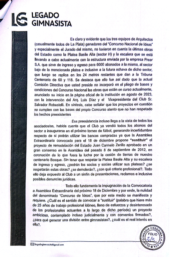 GimnasiaLegado's tweet photo. Presentamos una nota a la CD y pedimos la impugnación de la Asamblea Extraordinaria y la nulidad del #CircoDeIdeas ya que no se tuvieron en cuenta las obras preexistentes en nuestro querido Estadio y generan un sin fín de cuestionamientos legales https://t.co/jahWCwTmOD