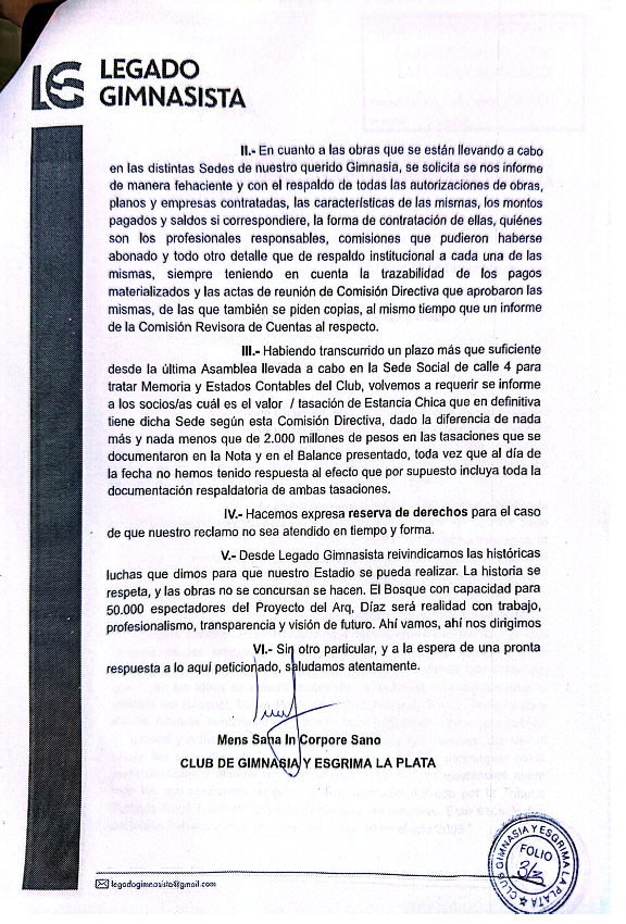 GimnasiaLegado's tweet photo. Presentamos una nota a la CD y pedimos la impugnación de la Asamblea Extraordinaria y la nulidad del #CircoDeIdeas ya que no se tuvieron en cuenta las obras preexistentes en nuestro querido Estadio y generan un sin fín de cuestionamientos legales https://t.co/jahWCwTmOD