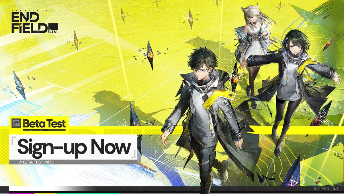 Arknights: Endfield Beta Test sign-up is now open. 
Welcome back, Endministrator!

▷Platform: PC (Windows)
▷Type: Limited access, no payment, data wipe
▷How to: [Sign up] on the official website, complete the tester recruitment survey
▷Link: endfield.gryphline.com

*The end