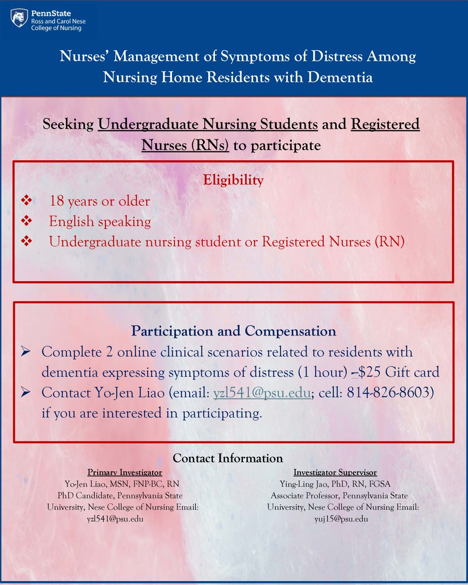 Nese College of Nursing (@psunursing) on Twitter photo The Ross and Carol Nese College of Nursing is looking for participants for a study regarding management of distress symptoms in nursing home residents. Feel free to contact yz1541@psu.edu or yuj15@psu.edu if interested π©Ί! The Ross and Carol Nese College of Nursing is looking for participants for a study regarding management of distress symptoms in nursing home residents. Feel free to contact yz1541@psu.edu or yuj15@psu.edu if interested π©Ί!