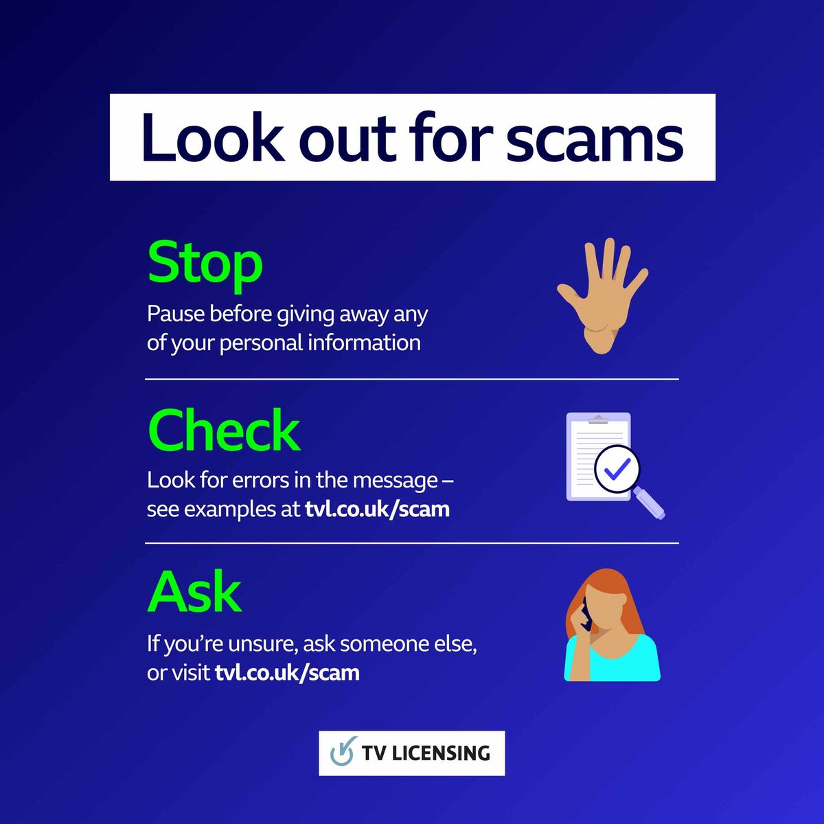 WhichUK's tweet photo. TV licence scams are on the rise.
⚠️ Stop before you enter personal or bank details especially if a letter, email, text or phone call promises you money, a refund or suggests there is an issue with your payments.
Find out more ➡️https://t.co/VqFaV55mxC
#StopCheckAsk https://t.co/mTWZDsDCv9