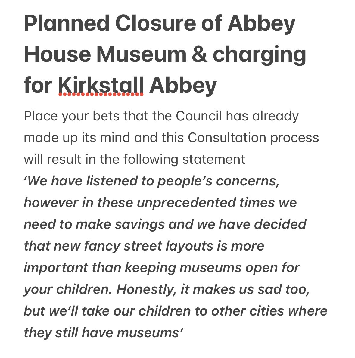 Anne-Louise Quinton (@annequinton) on Twitter photo <a href="/LeedsCC_News/">Leeds Council News</a> is planning on closing AbbeyHouse museum to save £160,000. It has spent way more than that on one failed (New Station St) street up to the train station, without batting an eyelid. The Council seem to hate children & families enjoying cultural capital
<a href="/LeedsMuseums/">Leeds Museums & Galleries</a> <a href="/LeedsCC_News/">Leeds Council News</a> is planning on closing AbbeyHouse museum to save £160,000. It has spent way more than that on one failed (New Station St) street up to the train station, without batting an eyelid. The Council seem to hate children & families enjoying cultural capital
<a href="/LeedsMuseums/">Leeds Museums & Galleries</a>