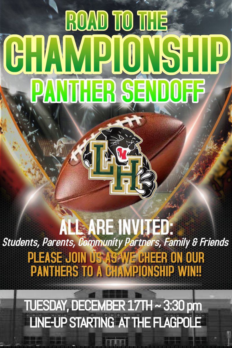 Help us send off our Panthers on their Road to the Championship Game! <a href="/LHughesSports/">LHHS Athletic Department</a> <a href="/LHughesNews/">Langston Hughes High School</a>