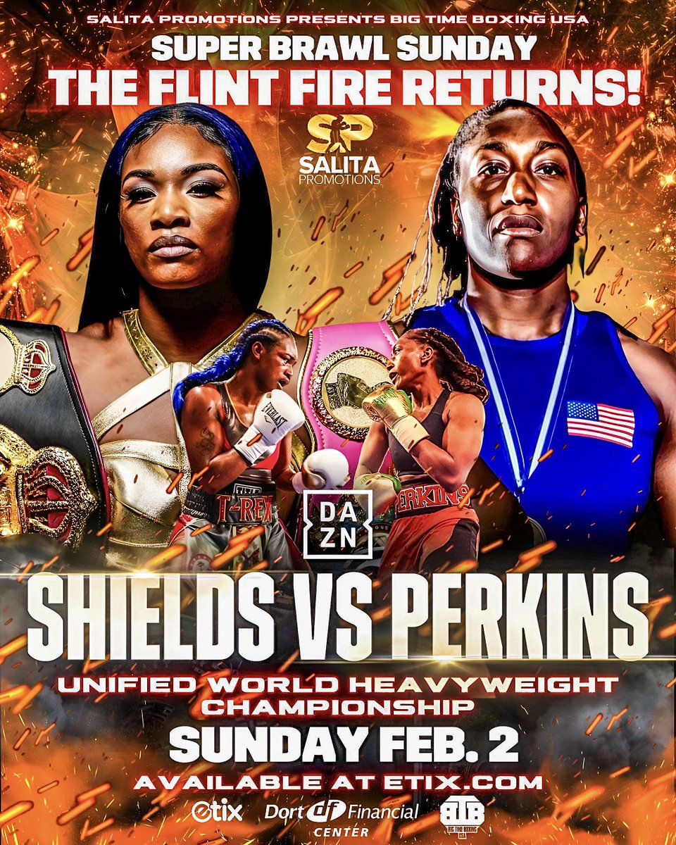 HUGE FIGHT coming our way! The GWOAT Claressa Shields, the reigning WBC and WBO World Champion, will defend her unified titles and fight for the vacant WBA Heavyweight World title against undefeated contender Danielle Perkins on Sunday, February 2 RIGHT HERE at the Dort Financial