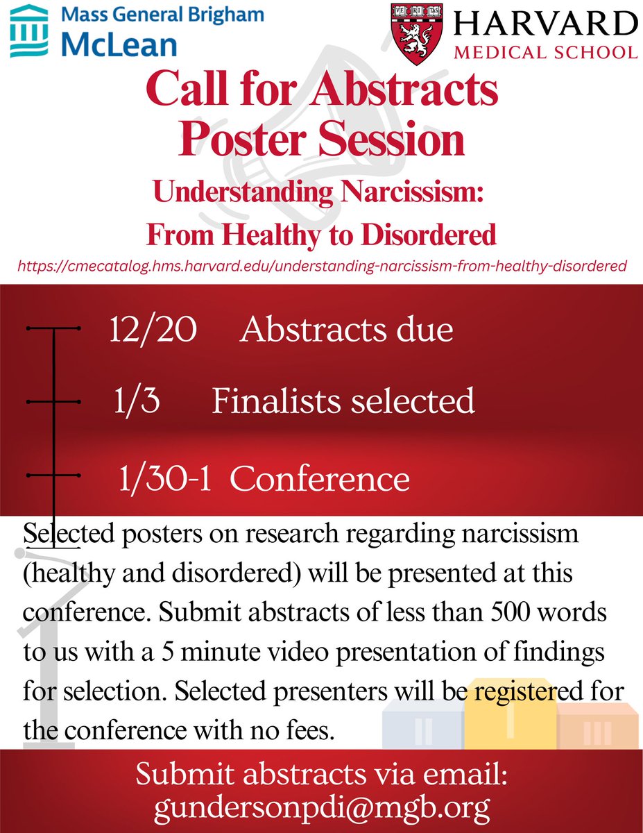 Poster submissions close next Friday (12/20) for  Understanding Narcissism January 30-31. Presenting authors will be able to attend the conference at no cost. The best poster will be selected for a prize by the organizing committee. Submit to: GUNDERSONPDI@MGB.ORG
