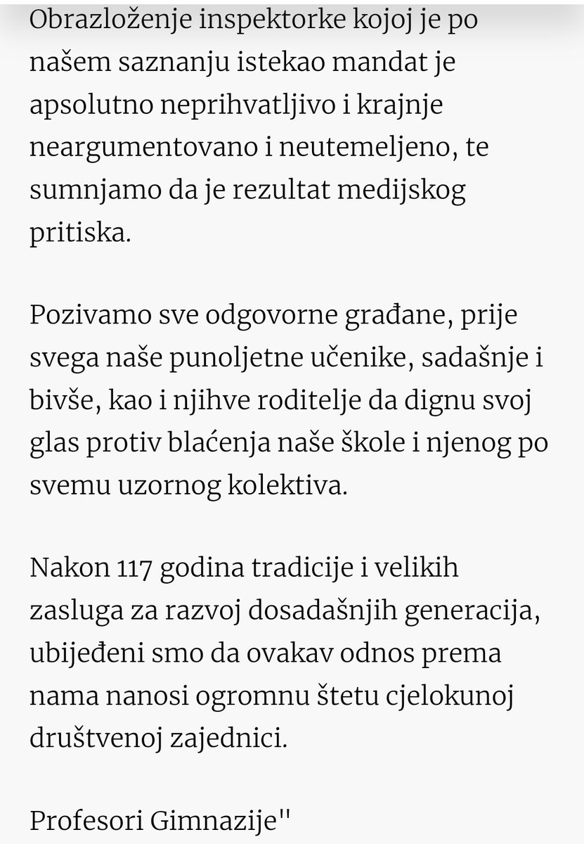 SusanjJelena's tweet photo. Potpisani profesori Gimnazije, na vaš poziv kao bivša učenica dižem svoj glas: svojim ste reagovanjima nanijeli ogromnu štetu školi koju sam voljela i "nakon 117 godina tradicije i velikih zasluga" sveli je na leglo konformizma, pokornosti prema autoritetu i bahatosti. https://t.co/IldDY7ugfQ