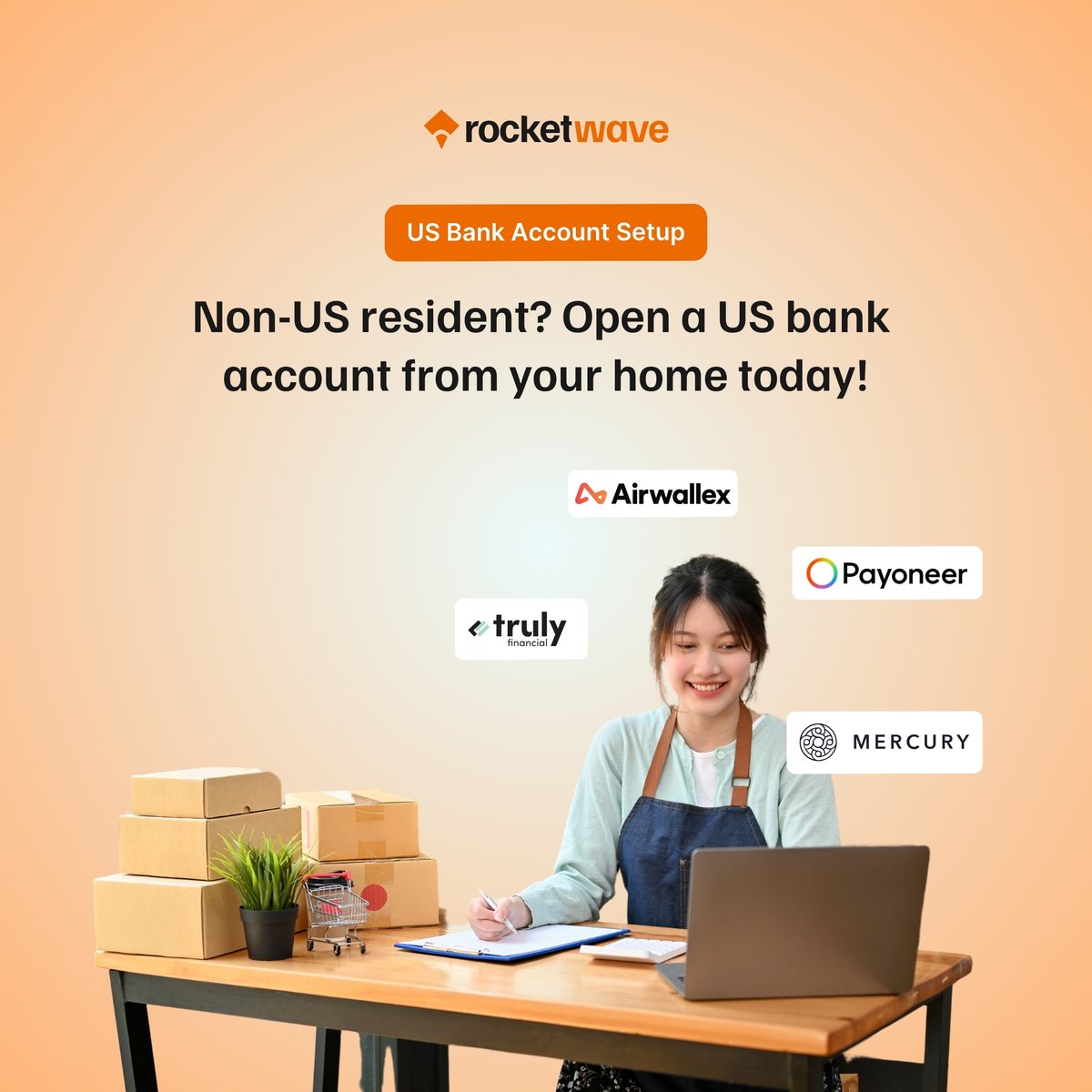 rocketwaveinc's tweet photo. No US citizenship or residency? No problem! 

🌍 Open a US Bank Account for your LLC entirely online. 
🖥️ Choose banks like Relay, Mercury, or AirWallex &amp; use Virtual Addresses for mail &amp; cards. 

💳 Contact Rocket Wave to get started! 🚀 https://t.co/v8C2VV5Vsy
