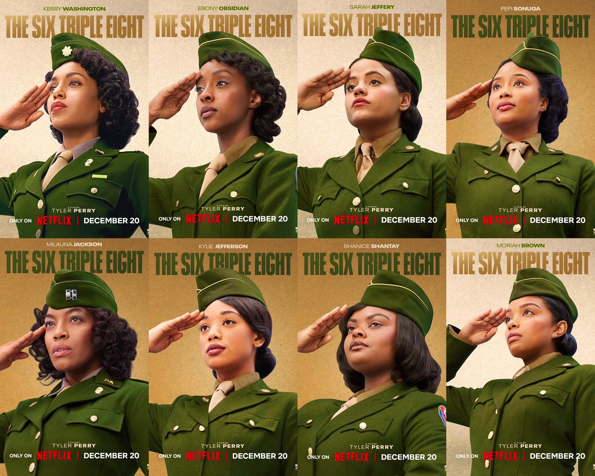 WeRunfromllamas's tweet photo. The Six Triple Eight Character Posters!

Netflix - December 20

Cast
-KERRY WASHINGTON
-EBONY OBSIDIAN
-SARAH JEFFERY
-PEPI SONUGA
-MILAUNA JACKSON
-KYLIE JEFFERSON
-SHANICE SHANTAY
-MORIAH BROWN https://t.co/3V7jxg7T0v