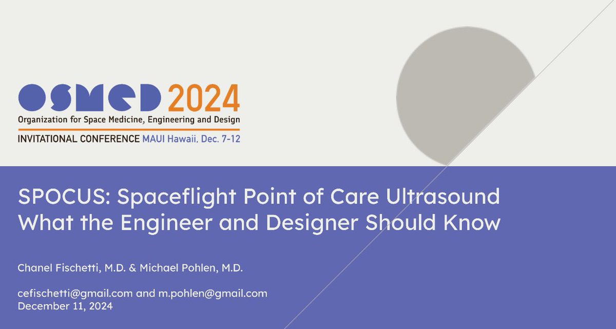 MichaelPohlen's tweet image. Thankful to get to share the basics of ultrasound for human spaceflight with the attendees at #OSMED2024 #SpaceMedicine