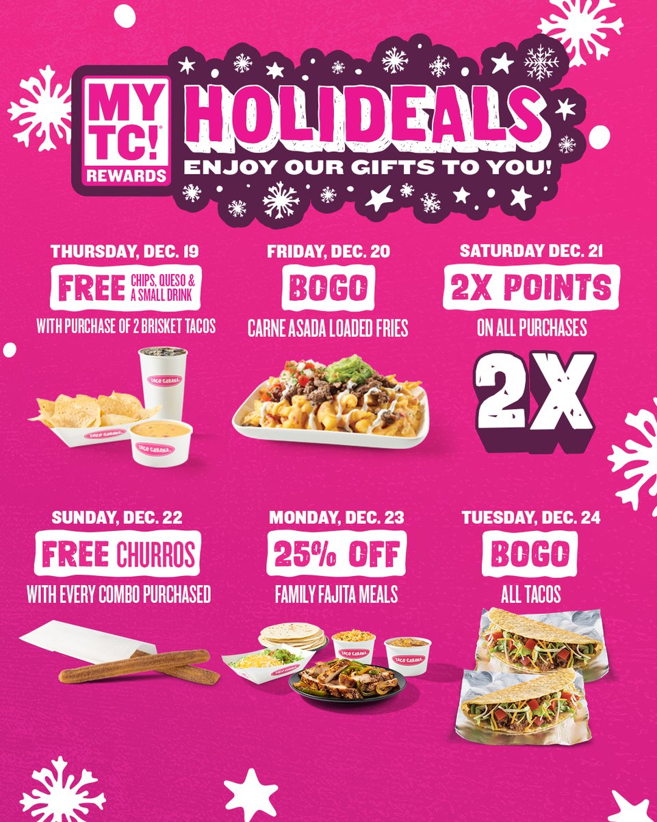 🎁 Swipe for Holideals! 🎁

For the next 12 days, MY TC! App rewards members get exclusive daily offers like:
🎄 BOGO deals
🎄 Freebies
🎄 $5 off $25 &amp; more!

Don’t miss out—download the app and join today to unwrap these festive deals!

#TacoCabana #Holideals #Texas #BOGO