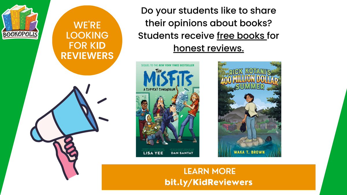 Know a young reader who likes to share their opinions about books? We are looking for #KidReviewers for two books coming out in 2025 by two of our favorite #mglit authors. @lisayee1 @w_t_brown Get deets: bit.ly/KidReviewers #studentvoice #bookposse #titletalk