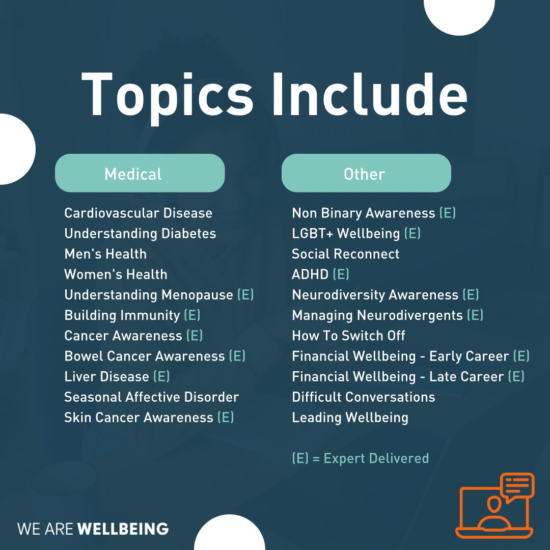 Awareness is the first step towards health and wellbeing improvement.  Support your people in 2025 with a monthly Wellbeing Webinar.  

Motivational Mondays 
Transformational Tuesdays 
Wellbeing Wednesdays 
Thriving Thursdays
or
Feel Good Fridays 

lnkd.in/eNNVeuiU