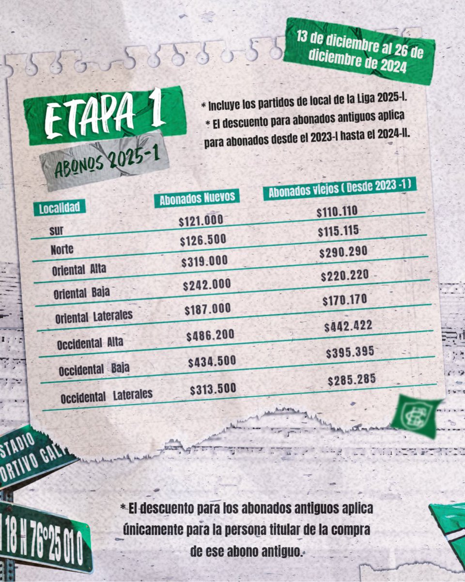 DeportivoCaliCP's tweet photo. 🎫 Abónate en cualquiera de las tres etapas y acompaña al Deportivo Cali en cada gol y victoria.
💚 ¡El estadio será nuestro templo cuando estemos #TodosJuntos! https://t.co/yXmBM0QIKX