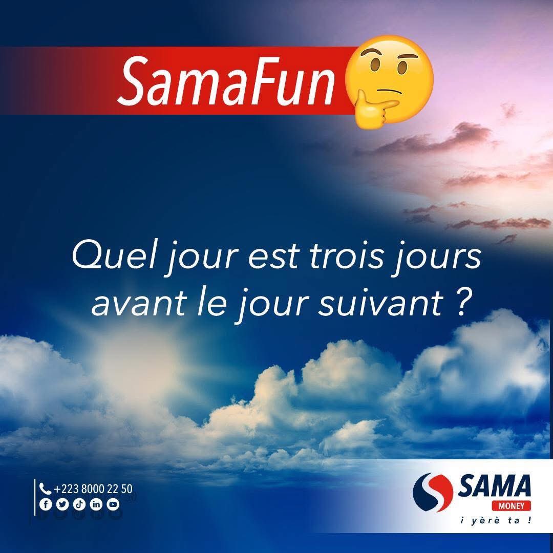 SamaMoneyml's tweet photo. C'est vendredi, c’est le moment pour t'amuser !😎
Montre que tu es un génie : trouve la réponse à cette devinette en commentaire !
Quel jour se trouve trois jours avant le jour qui suit ?💡
#SamaMoney #SamaFun #Weekend https://t.co/i60C2PDFWN