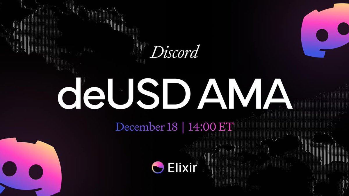elixir's tweet image. Discover how deUSD serves as the sole gateway for institutional assets to access DeFi ⚗️

Bring your questions for an AMA with @0xPhilip and @cole0x

🗓 Wednesday, Dec 18, 14:00 EST
📍 discord.gg/elixirnetwork