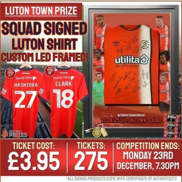 wearelutontown's tweet photo. ๐๏ธ ๐จ Luton Town Prize! Custom Squad Signed & Framed Luton shirt (Plus 15x Instant Wins!) ๐จ๐๏ธ
๐๐ฎ๐ฒ ๐๐จ๐ฐ: https://t.co/YSm0OUtNjo
#LTFC #FootballPrizes #Hashi #Clark #TeamSigned https://t.co/AbzWXpVMdW