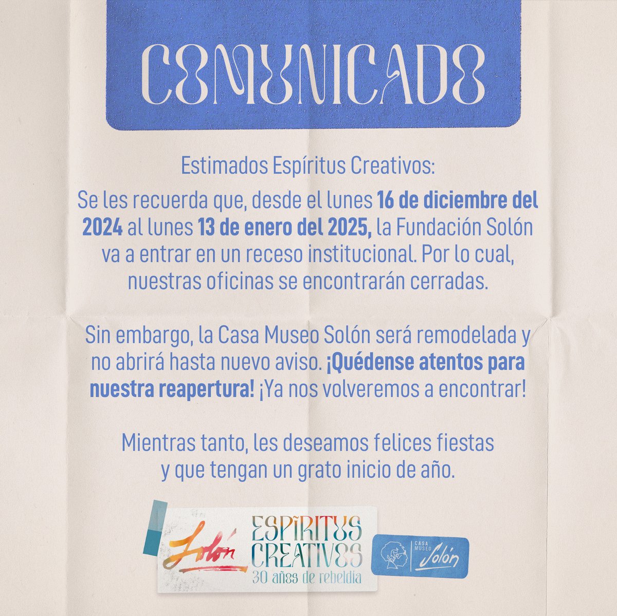 FunSolon's tweet photo. 🚨IMPORTANTE🚨
A toda nuestra comunidad, les informamos que nuestras actividades serán suspendidas temporalmente. 

🎉Agradecemos su comprensión y les deseamos un próspero año nuevo 🎄✨ https://t.co/CBZNST7fc0