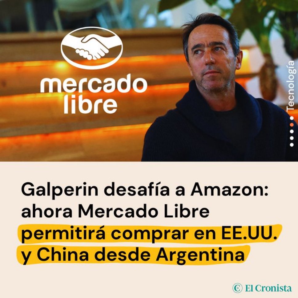 EsTendenciaEnX's tweet photo. “Mercado Libre”:
Porque @marcos_galperin anunció que a partir del lunes, se va a poder comprar PUERTA A PUERTA en Estados Unidos y China desde Argentina https://t.co/AwFVoqgMv5