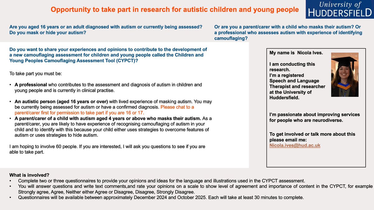 Call for autistic people, parents, SLTs, OTs, Paediatricians, psychologists, psychiatrists to join an expert panel and help design the Children and Young People’s Camouflaging tool #camouflaging #autism #research #earlyidentification *please retweet’ Email me if interested