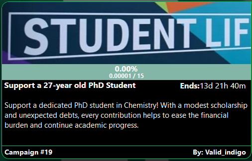 New FundMe Campaign:
Support a 27-year old PhD Student by Valid_indigo (Telegram: @Hobby0101)
fundme.cash/campaign/19
