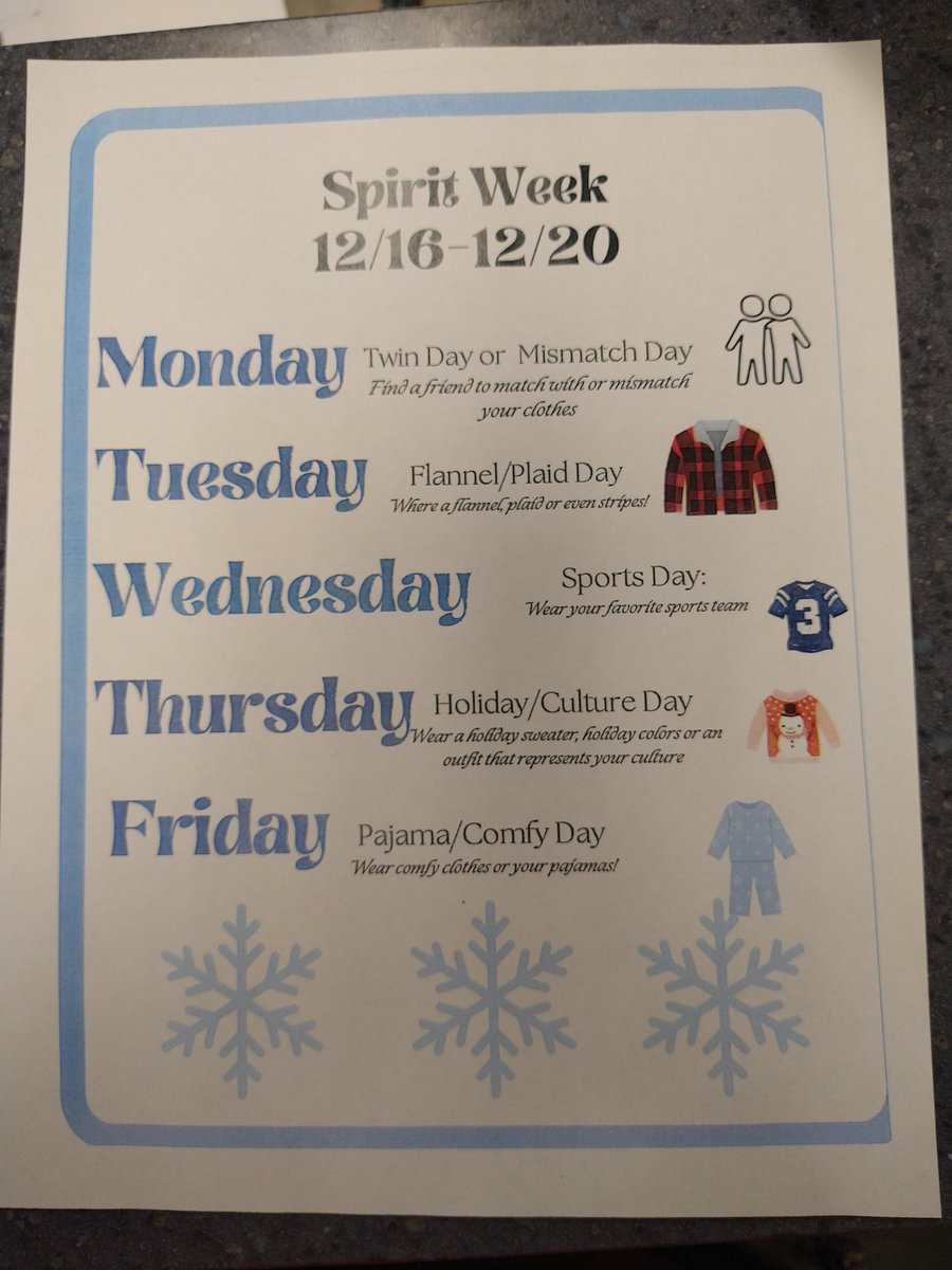 Spirit Week starting 12/16/24.