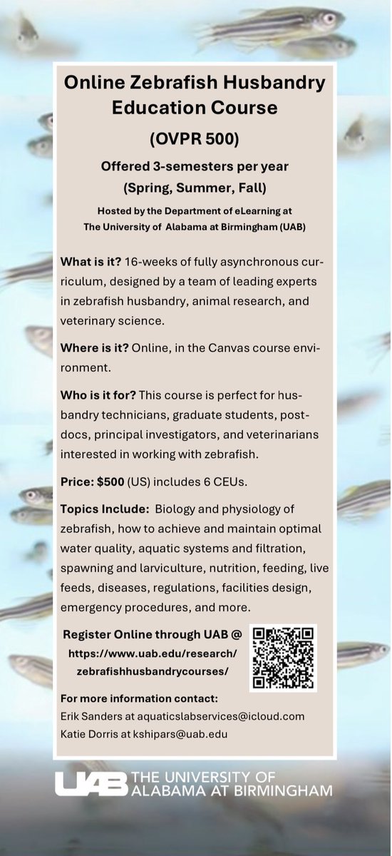 zfishUAB's tweet photo. Register for the Spring ONLINE Zebrafish husbandry course now! Great for 
technicians, managers, PIs, and vets! 6 CEUs offered. #zfishmeeting #zebrafish #labanimalhusbandry registration is OPEN! Give the gift of education to your techs, yourself, or coworkers! 🎅🏻 https://t.co/dyhQcgutE8