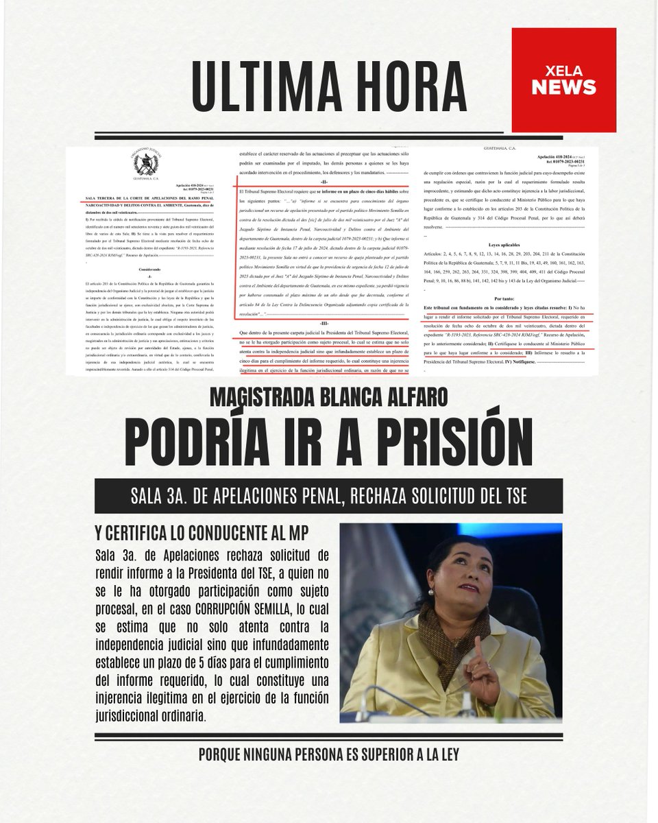 XelaNewsGt's tweet image. #CorrupciónSEMILLA🌱| #ULTIMAHORA MAGISTRADA BLANCA ALFARO PODRÍA IR A PRISIÓN POR DESACATO.
Sala Tercera de la Corte de Apelaciones, rechaza solicitud de rendir informe a la Presidenta del @TSEGuatemala BLANCA ALFARO, a quien no se le ha otorgado participación como sujeto…