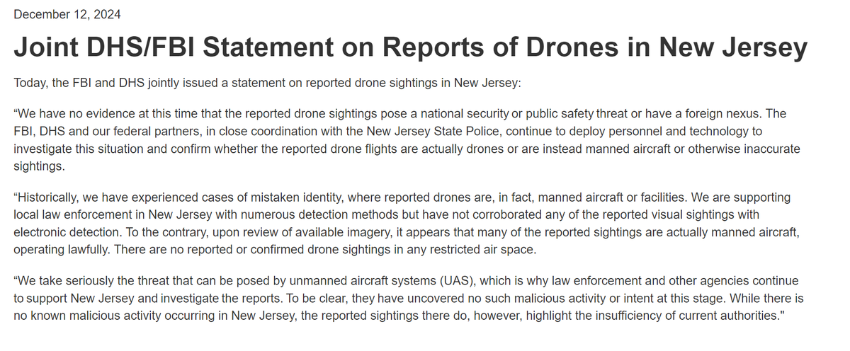 TheMaineWire's tweet photo. ⚡New FBI statement on NJ Drones:
"Upon review of available imagery, it appears that many of the reported sightings are actually manned aircraft, operating lawfully. There are no reported or confirmed drone sightings in any restricted air space."
This directly contradicts reporting from ABC News this morning that multiple drones have violated the airspace of a Navy weapons station in NJ.