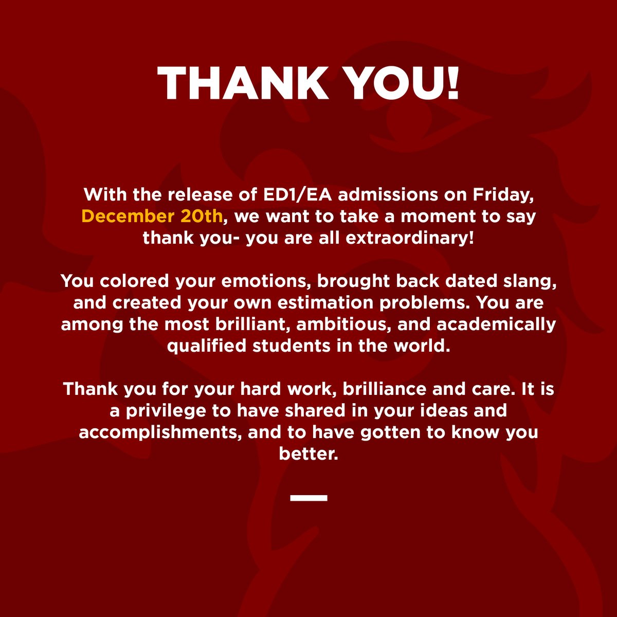 ED1/ EA decisions will be released on Friday, Dec 20th!