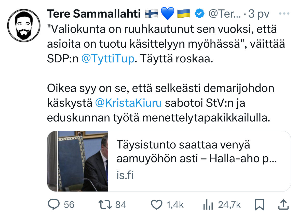 hhaapajarvi's tweet photo. Myyräntyö, sabotoija, punativoli, työpaikkakiusaaja. Esimerkkejä #kokoomus kansanedustaja ⁦@TereSammallahti⁩ twiiteistä viimeiseltä neljältä päivältä. Tavoitteena epäinhimillistää ja mustamaalata ⁦@KristaKiuru⁩ . Vieläkö joku ihmettelee poliittisen väkivallan kasvua? https://t.co/miTcNQmy4K