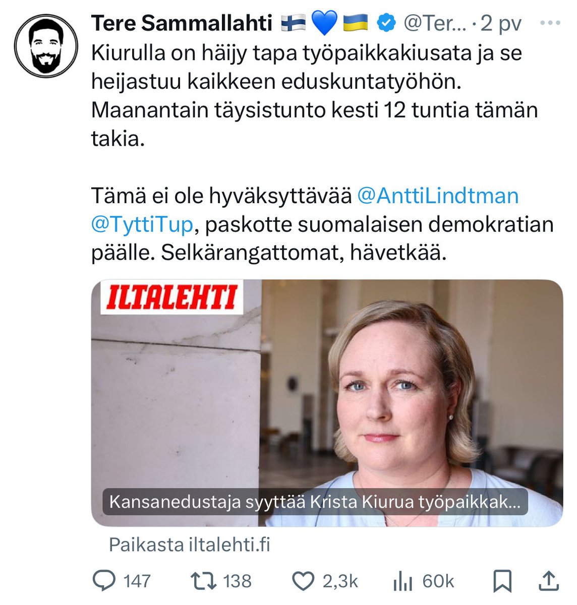 hhaapajarvi's tweet photo. Myyräntyö, sabotoija, punativoli, työpaikkakiusaaja. Esimerkkejä #kokoomus kansanedustaja ⁦@TereSammallahti⁩ twiiteistä viimeiseltä neljältä päivältä. Tavoitteena epäinhimillistää ja mustamaalata ⁦@KristaKiuru⁩ . Vieläkö joku ihmettelee poliittisen väkivallan kasvua? https://t.co/miTcNQmy4K