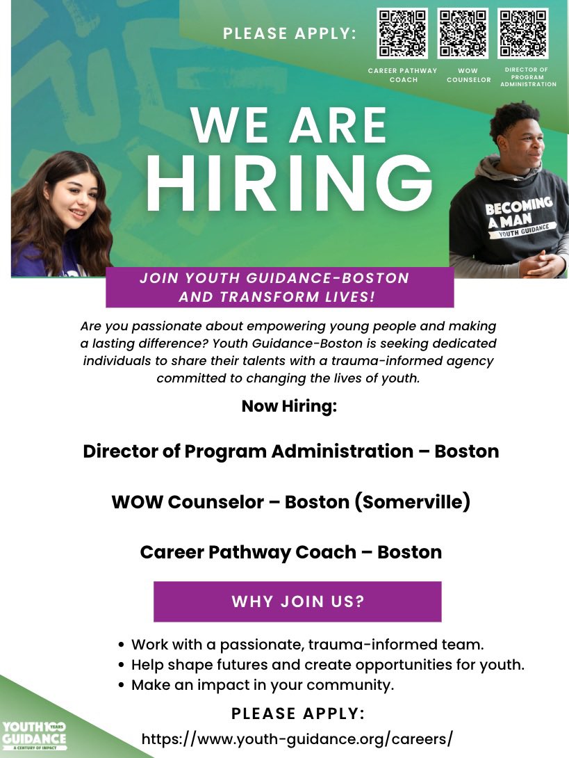 HC_CoachBrown12's tweet image. 🚨 We’re Hiring in Boston! 🚨
✨ Open Positions: 🔹 Director of Program Administration – youthguidance.bamboohr.com/careers/375 🔹 WOW Counselor (Somerville) – youthguidance.bamboohr.com/careers/374 🔹 Career Pathway Coach – youthguidance.bamboohr.com/careers/378
#YouthGuidance #BostonJobs #TraumaInformedCare #HiringNow