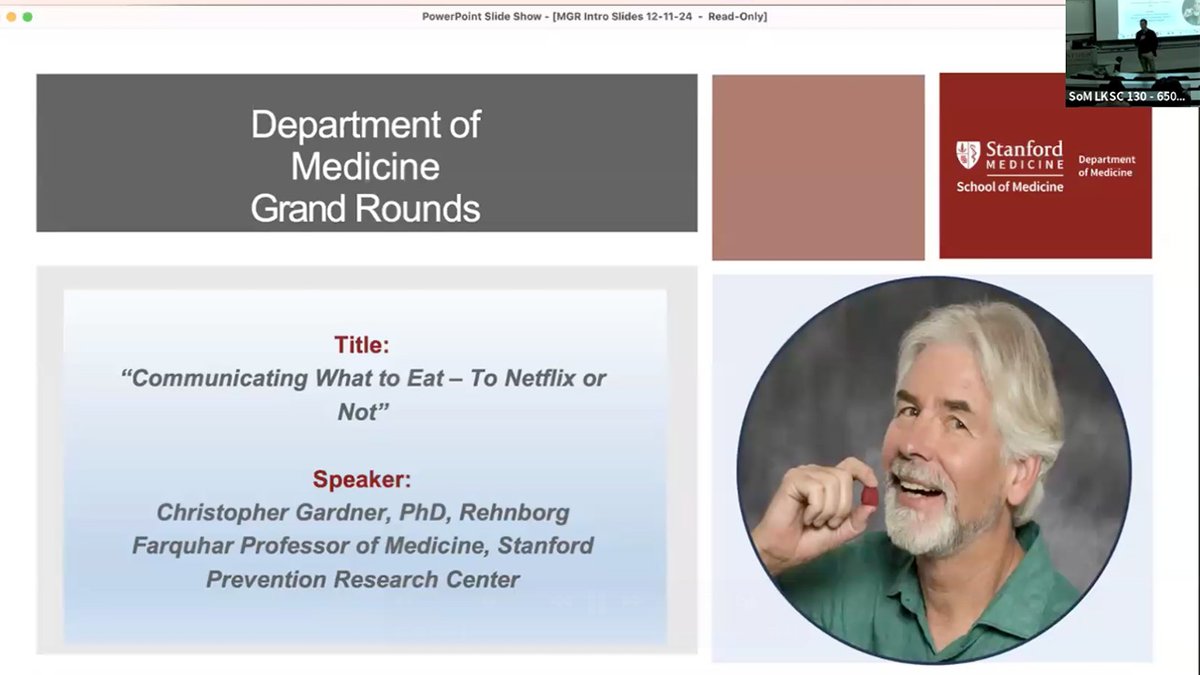 StanfordDeptMed's tweet photo. Catch up with the latest recording of #StanDOM's recent Medical Grand Rounds presentation, "Communicating What to Eat – To Netflix or Not," with Stanford Prevention Research Center's @GardnerPhD. https://t.co/S1XJ17Hwiw https://t.co/ZcF2pyP1CD