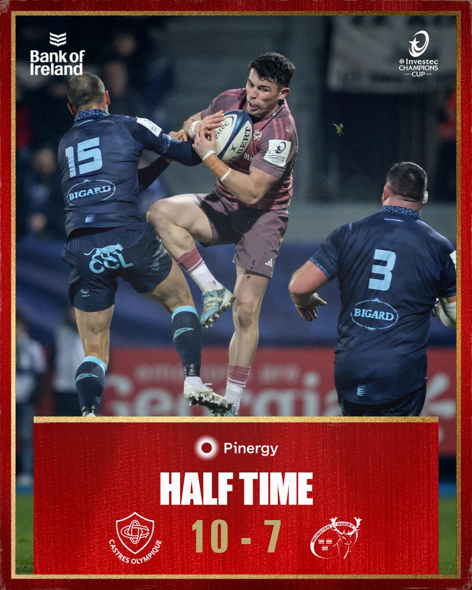 Munsterrugby's tweet image. The hosts lead at half-time in Stade Pierre-Fabre 🏟️

John Hodnett went over for the try from the back of the maul with a Jack Crowley conversion.

#SUAF 🔴| #COvMUN