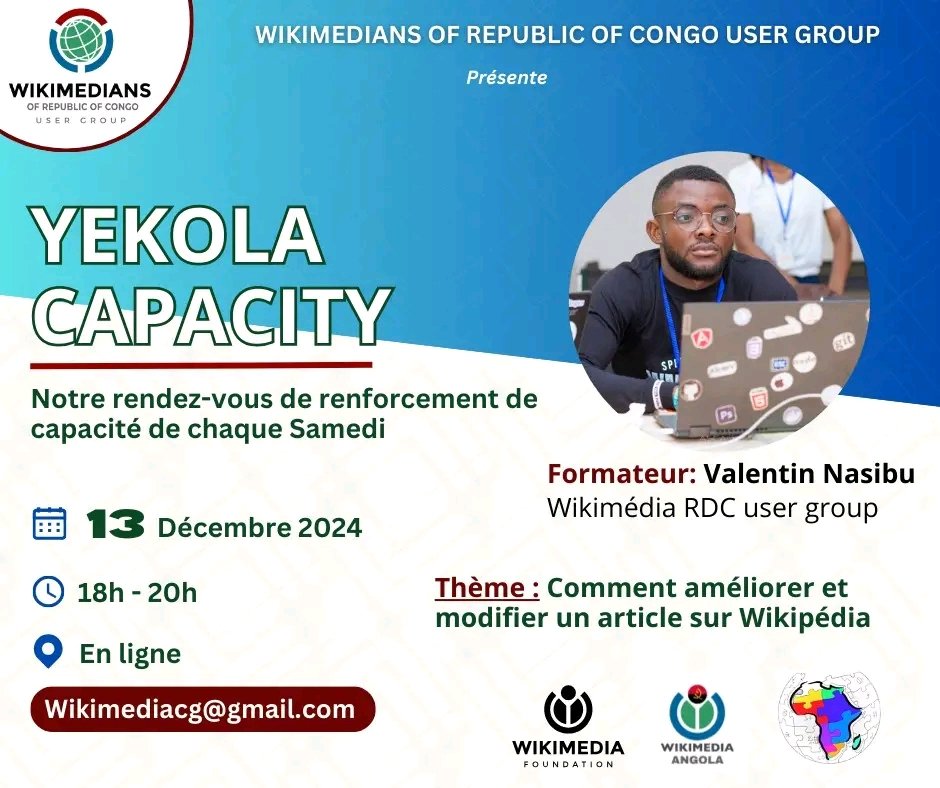 WikimediaCG's tweet photo. Many thanks to #Valentin from Wikimedia #RDC for the workshop on editing articles on Wikipedia and to all the participants of the #Wikimedia #RCongo community. https://t.co/UYPbGCLv6F